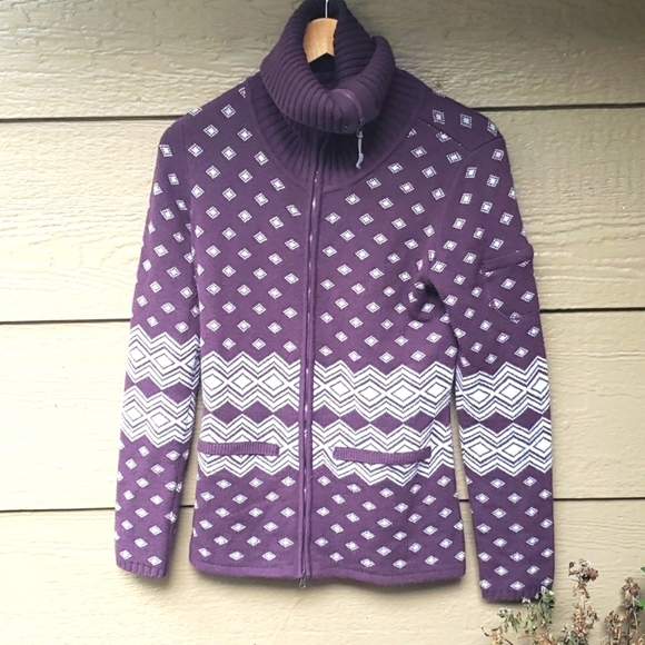 Athleta Purple and White Fair Isle Teton Wool Blend Full Zip Sweater M - Picture 3 of 9
